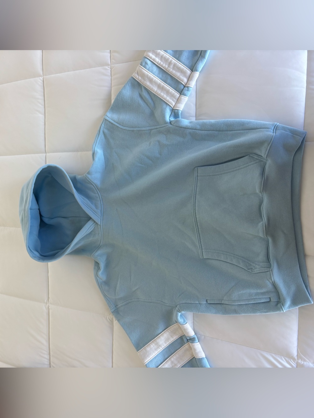 Hollister Pastel Blue Boxy Fit Hoodie with White stripes, zipper pocket